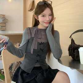 半高领蝴蝶结蕾丝微透T恤上衣女2026春秋季新款叠穿吊带两件套装