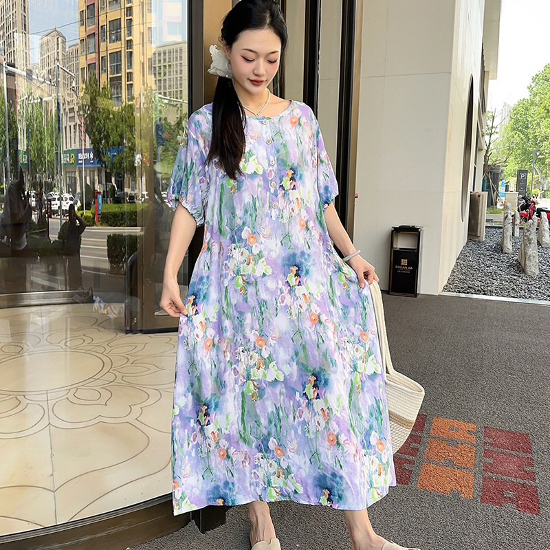 人工綿ドレス夏の女性の 2025 新しい気質ルーズレイジースタイルスリム薄い綿シルク花柄ロングスカート|undefined