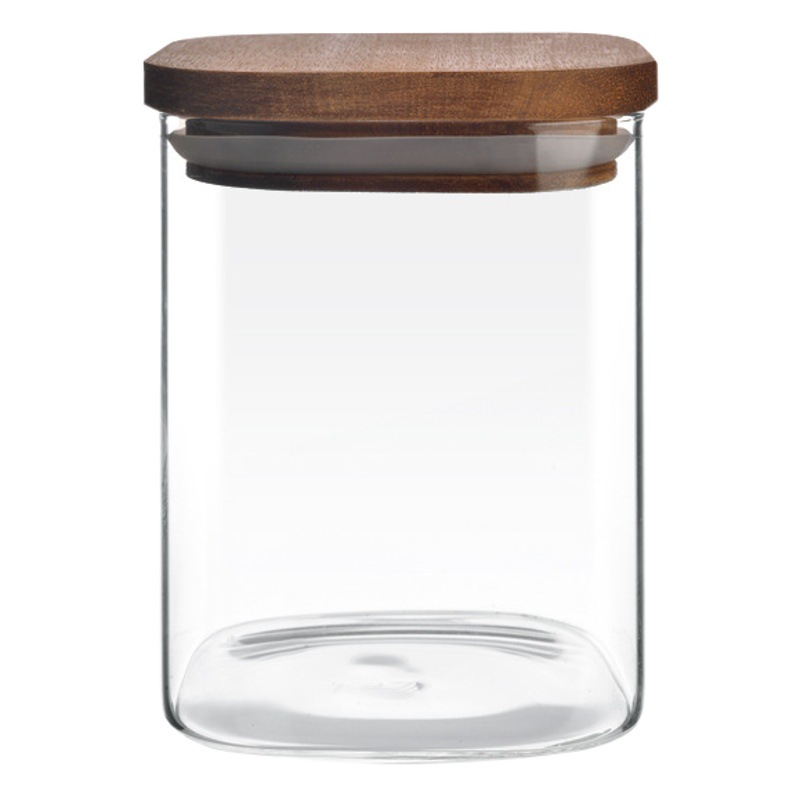 Acacia Wood Lid Glass Sealed Jar Tea Storage Square Storage Jar Kitchen Food-Grade Grain and Candy Storage Jar
