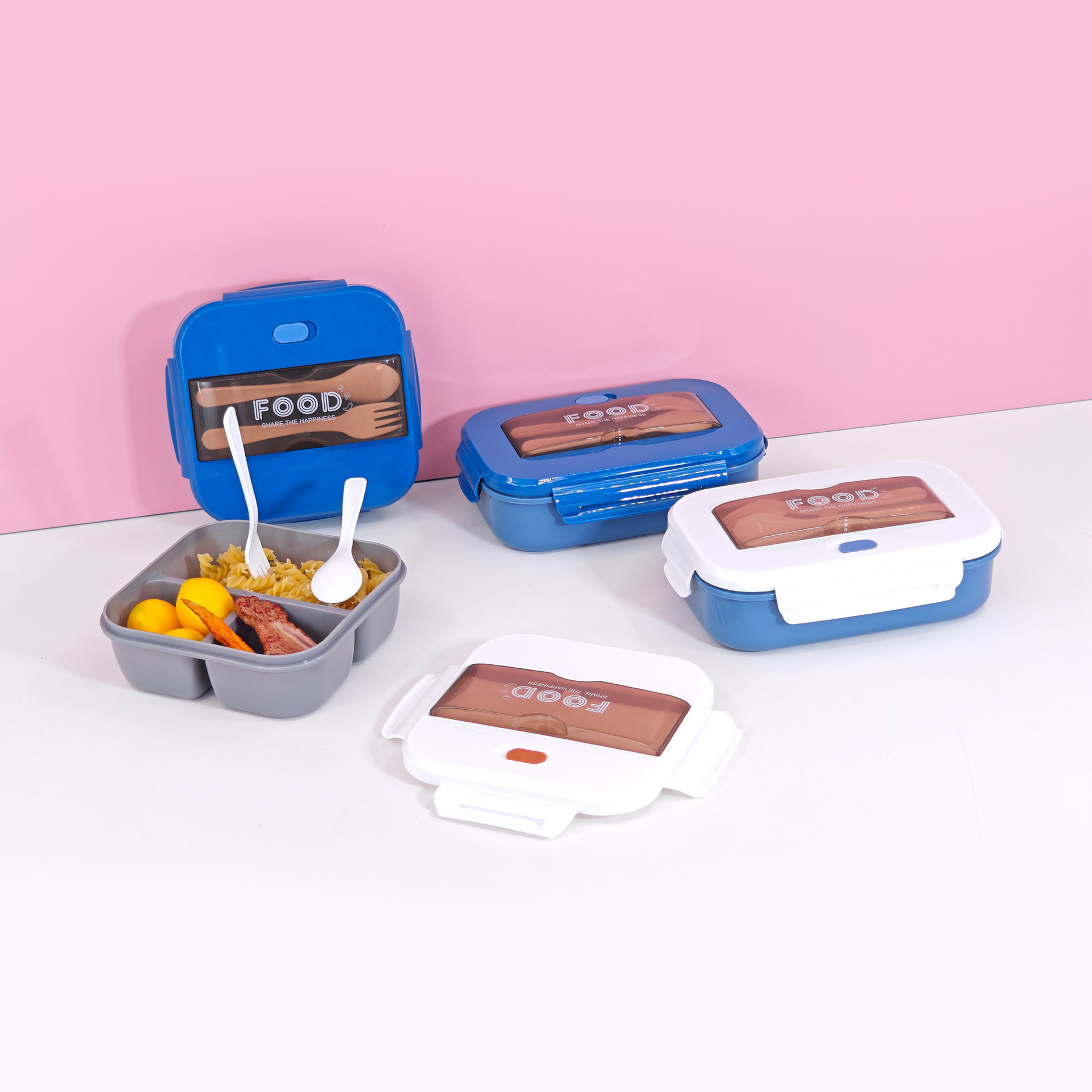 Lonchera de plástico PP al por mayor, de tres compartimentos, rectangular, de gran capacidad, portátil, apta para microondas, para estudiantes y uso doméstico.