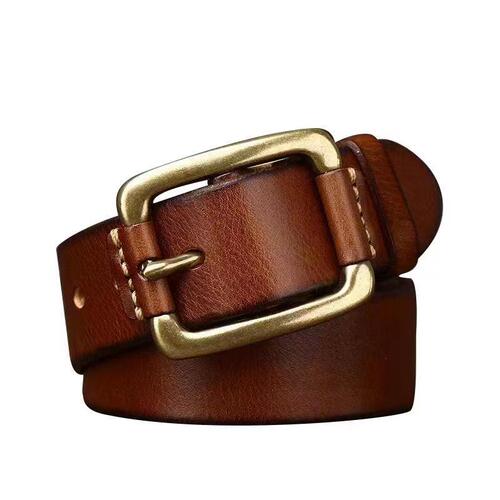 Men's Korean-style minimalist fashion belt: Vintage copper-buckle design, crafted from premium full-grain genuine leather with an aged finish—perfect for trendy denim workwear-inspired jeans!