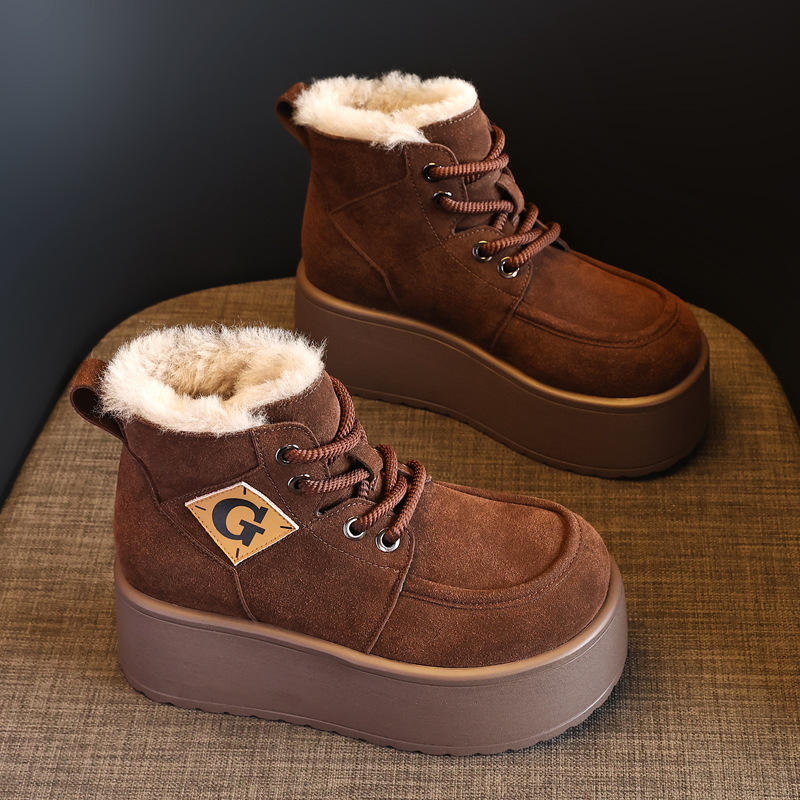 Giày boot nữ cổ cao đế dày tăng chiều cao, lót nhung ấm mùa đông — Màu cà phê