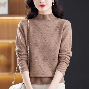 Half-high Collar Knitted Base Shirt Women's Short Loose Autumn and Winter New Fashion Pullover Sweater Warm Diamond Top