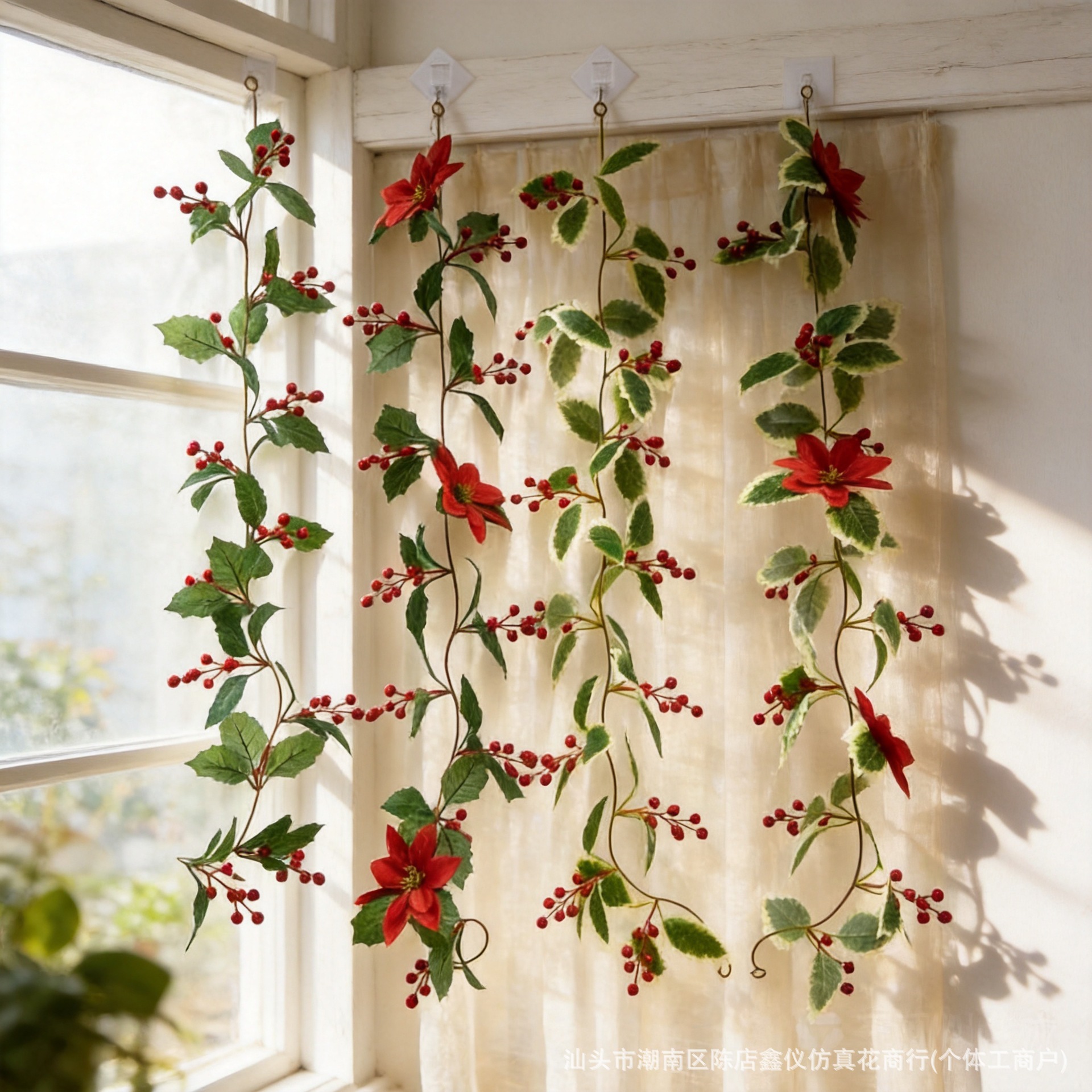 Amazon's new decorative home decor item: artificial Christmas garland with poinsettia vines, holly leaves, and red berries