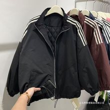 韩版宽松夹棉加厚休闲冲锋衣外套女秋冬新款三条杠立领百搭显瘦潮