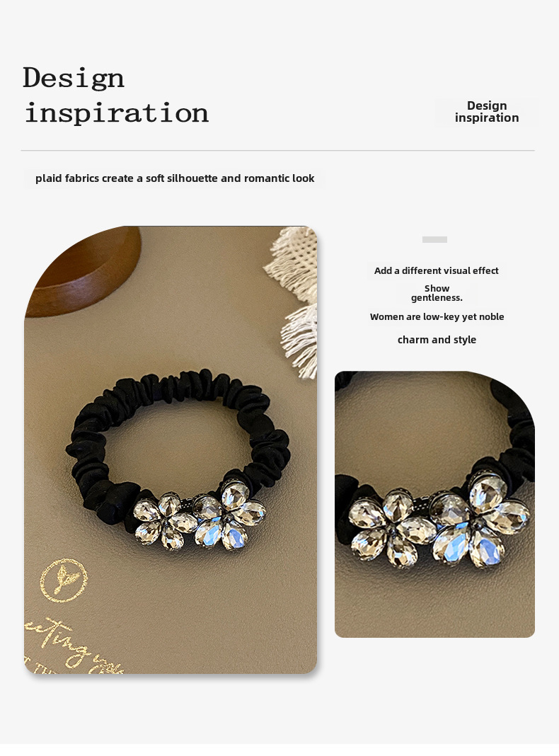 Black Satin Flower Crystal Headband With Rhinestone Side Clip_voghion.com