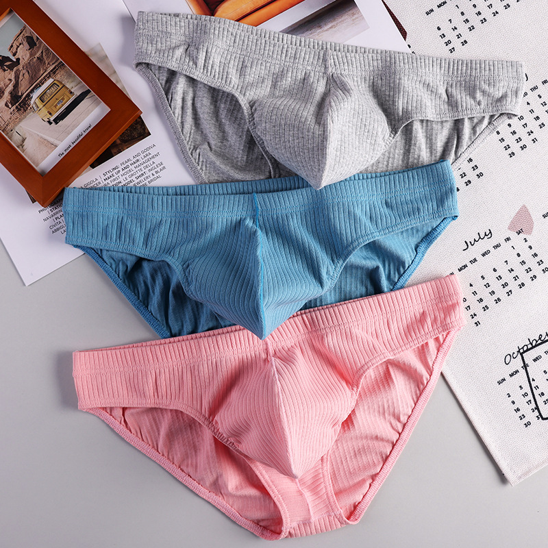 New Men's Underwear Pure Cotton Breathable Ribbed Briefs Young Men's U-Convex Sexy High-End Shorts and Pants