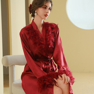 bride fur collar morning gown women's feather long nightgown wedding makeup bridesmaid group wedding kimono satin bathrobe