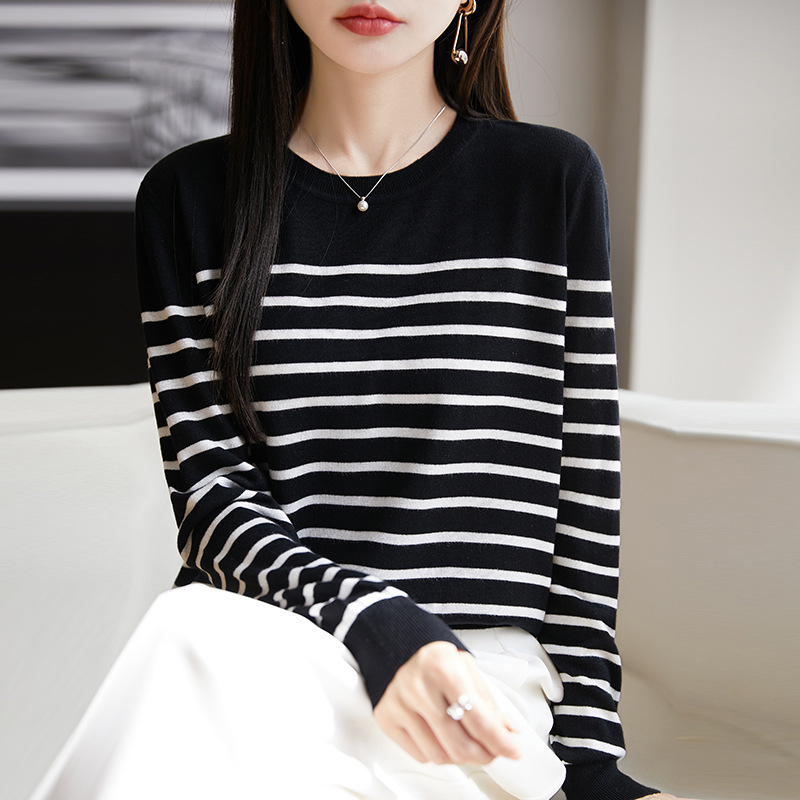 2025 Spring New Outer Wear Pullover Sweater Thin Navy Style Black and White Stripesd Silk Wool Bottoming Shirt for Women