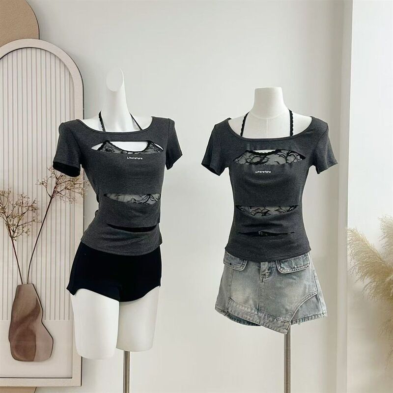 American Retro Fake Two-Piece Right Shoulder Short-Sleeved Lace Halterneck Short-Sleeved T-Shirt for Women, Unique and Chic Waist Slimming Look Top