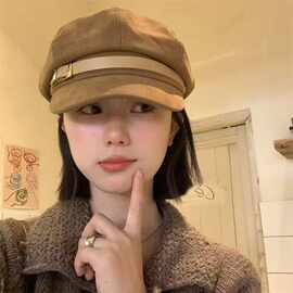 复古麂皮绒皮带扣棕色贝雷帽女秋显脸小八角帽大头围日系报童帽子