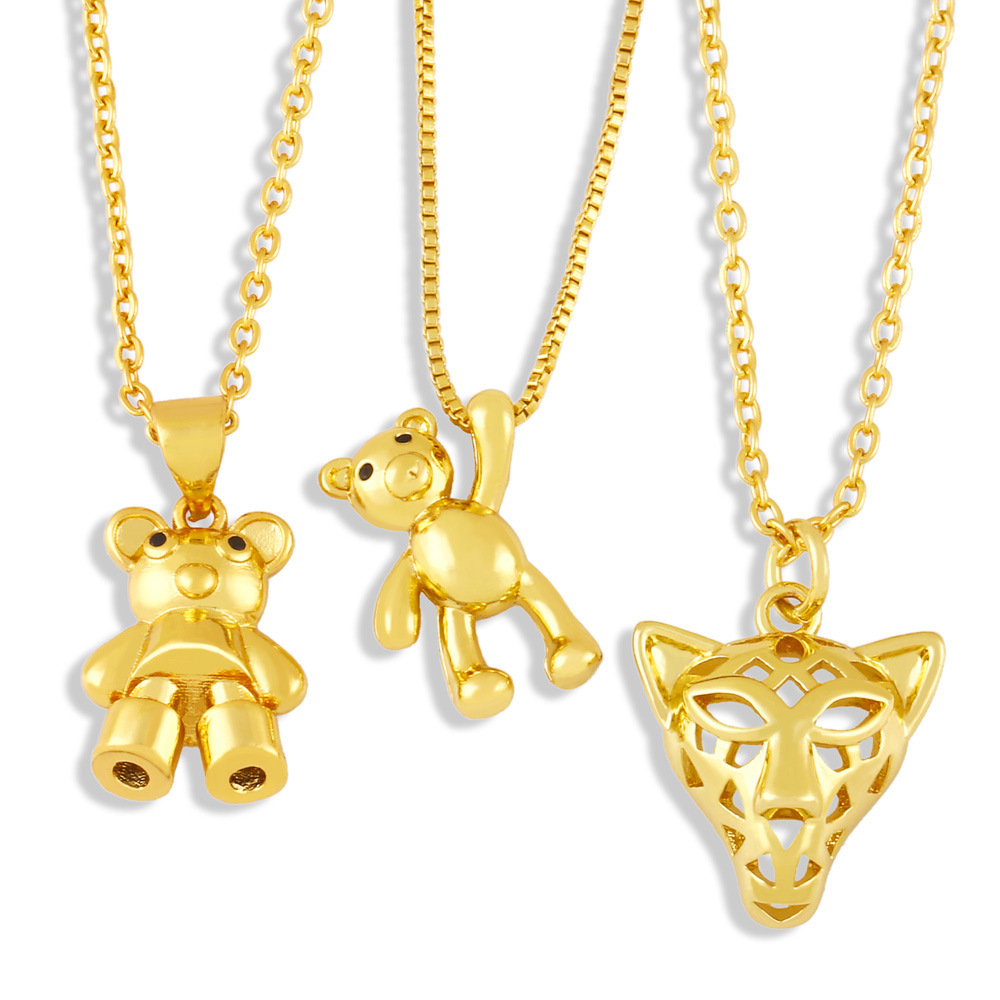hip-hop cartoon cute bear leopard head copper necklace retro 18K gold plated pendant
