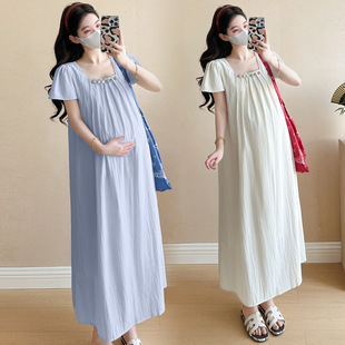 Maternity 2025 Summer New Slimming Sweet Casual French Square Collar Pleated Design Sense Wide Pregnant Women's dress