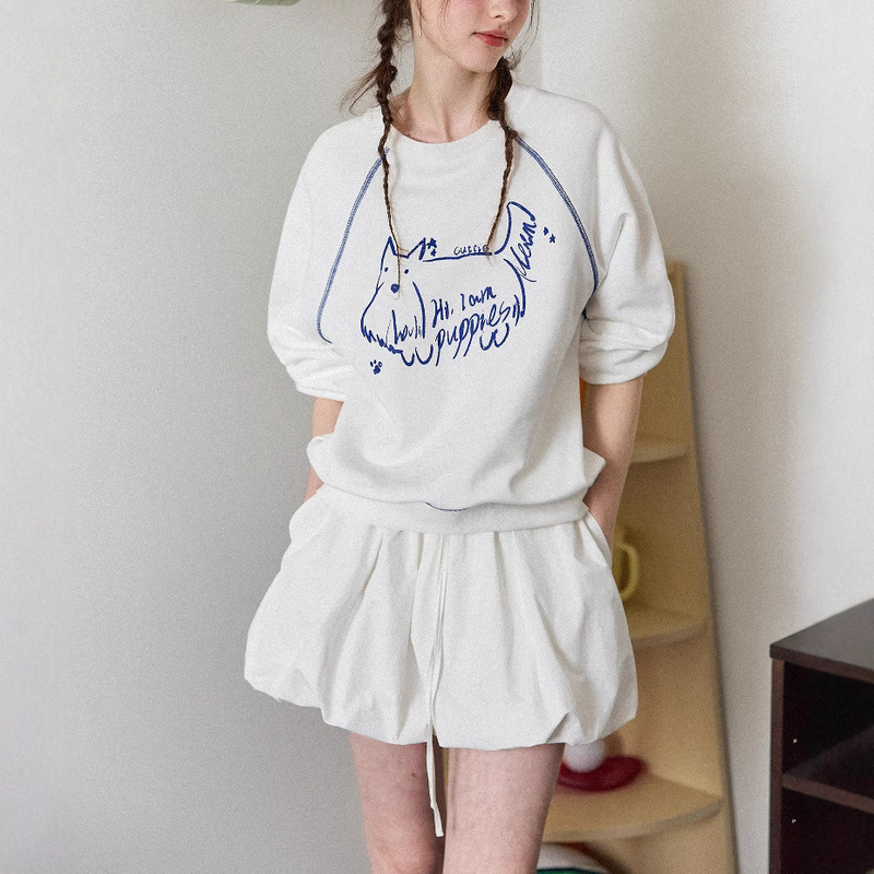 Cute dog' hand-painted printed 100 cotton contrast raglan sleeve good version retro round neck sweater women