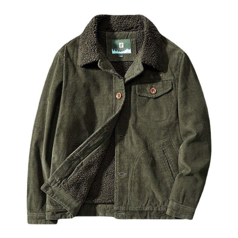 QFV507045555501<2 Winter Cord Herren Kurzer Fliegeranzug aus Cord mit Umlegekragen, Baumwollmantel in Übergröße, Fleecegefüttert_voghion.com
