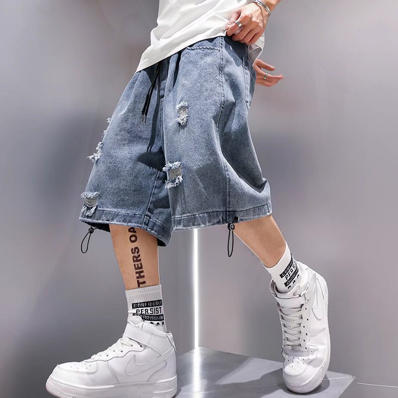 Summer Men's Cargo Shorts Denim Shorts Trendy Loose Mid-Length Pants Plus Size Ripped 5-Point Pants