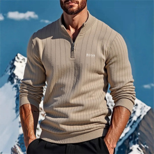 2025 Autumn/Winter New Men's Dark Gray Stand Collar Men's Sweater Half-Zip Logo Custom Knitted Sweater