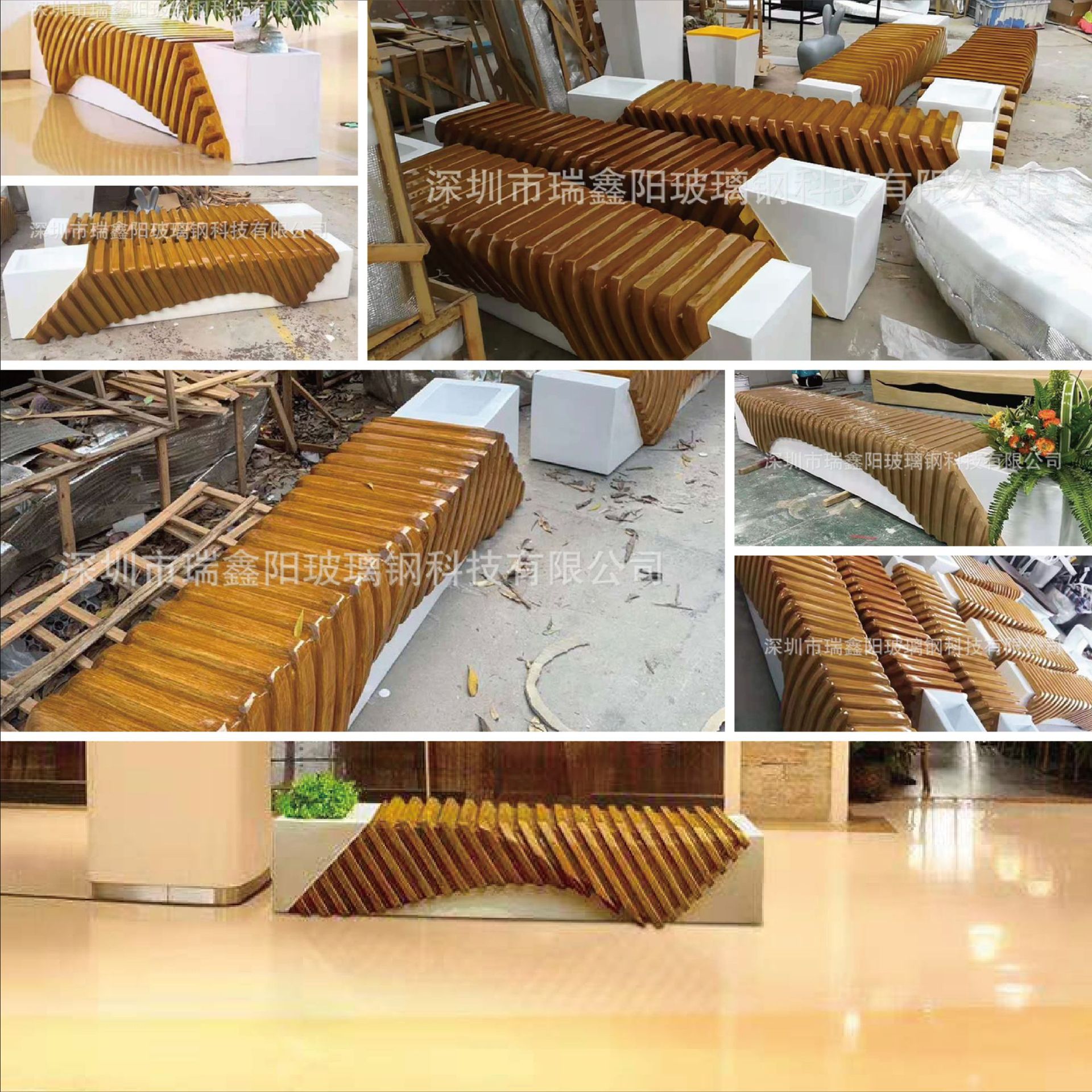 玻璃钢商场户外美陈休闲等候排骨椅创意仿木多人位长条凳个性排椅|ms