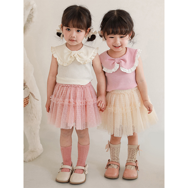 Qiududo niños lindos arco grande collar chaleco verano 2024 nuevas niñas lindo bebé chaleco fino