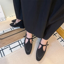2025秋冬新款小方头一字带编织通勤粗中跟浅口工作上班女单鞋