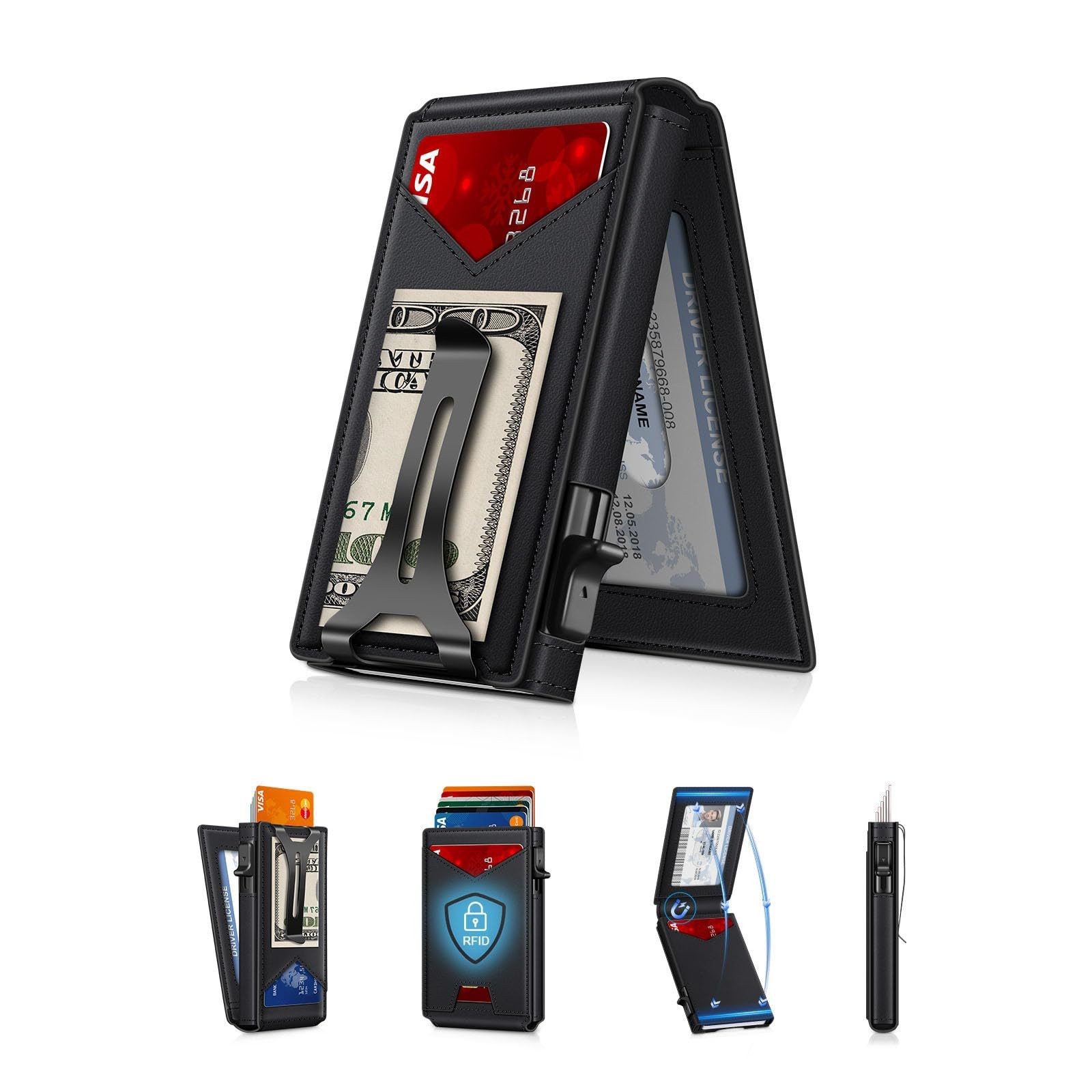 Personalizado doble plegable lateral tapa de flip bolsas de tarjetas metálicas RFID cepillo antirrobo cartera de cuero cartera multifuncional corta para hombres