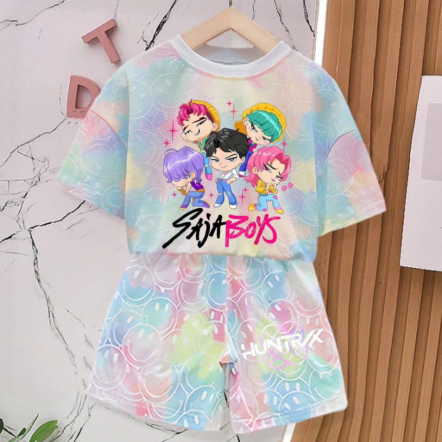 Kpop Witch Hunter Reunion Collar Cartoon 3D Digital Printing T-Shirt Boys and Girls Summer Tops and Pants Two-Piece Suit