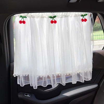 Car Window Sunshade Curtain, Sun Protection Car Curtain, Baby Suction Cup Type Car Rear Seat Blackout Curtain, Car Privacy Curtain (Car curtains) - suction-cup-style-red-cherry-corn-grid-double-layer-curtain-white
