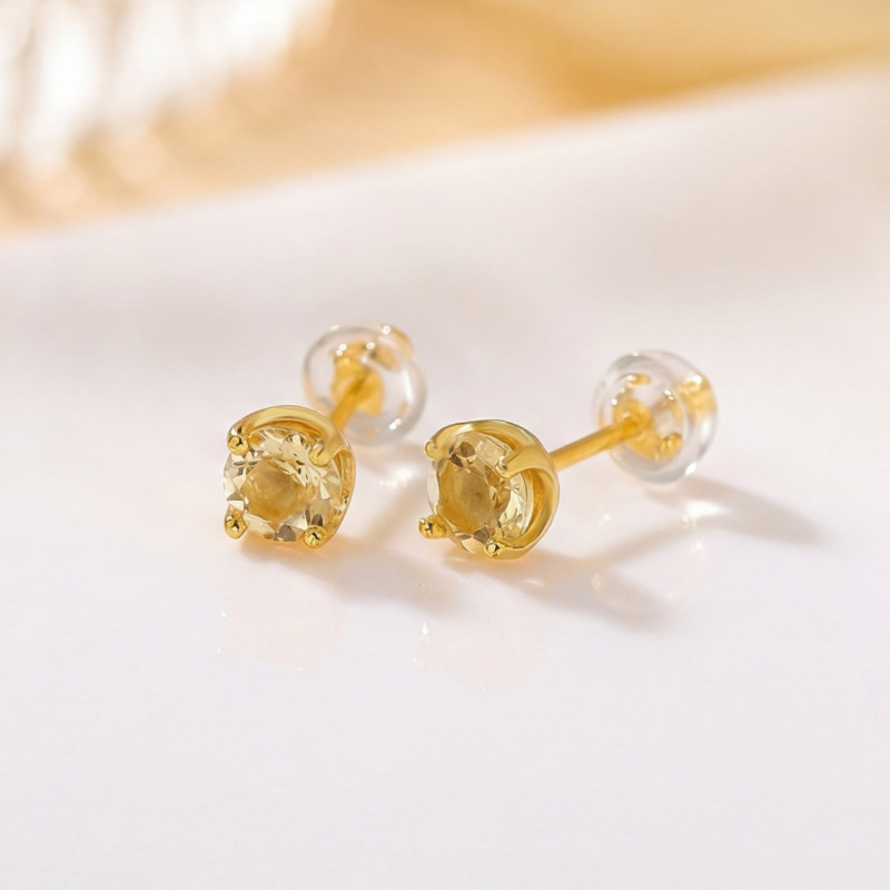 Bông tai bạc S925 mạ vàng đính đá tím và đá vàng cắt giác, kiểu dáng đơn giản cá tính — Vàng pha lê
