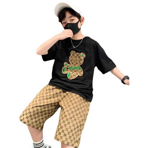 Children's bear short-sleeved suit summer  new boys and girls handsome clothes trendy shorts two-piece set children's clothing trendy