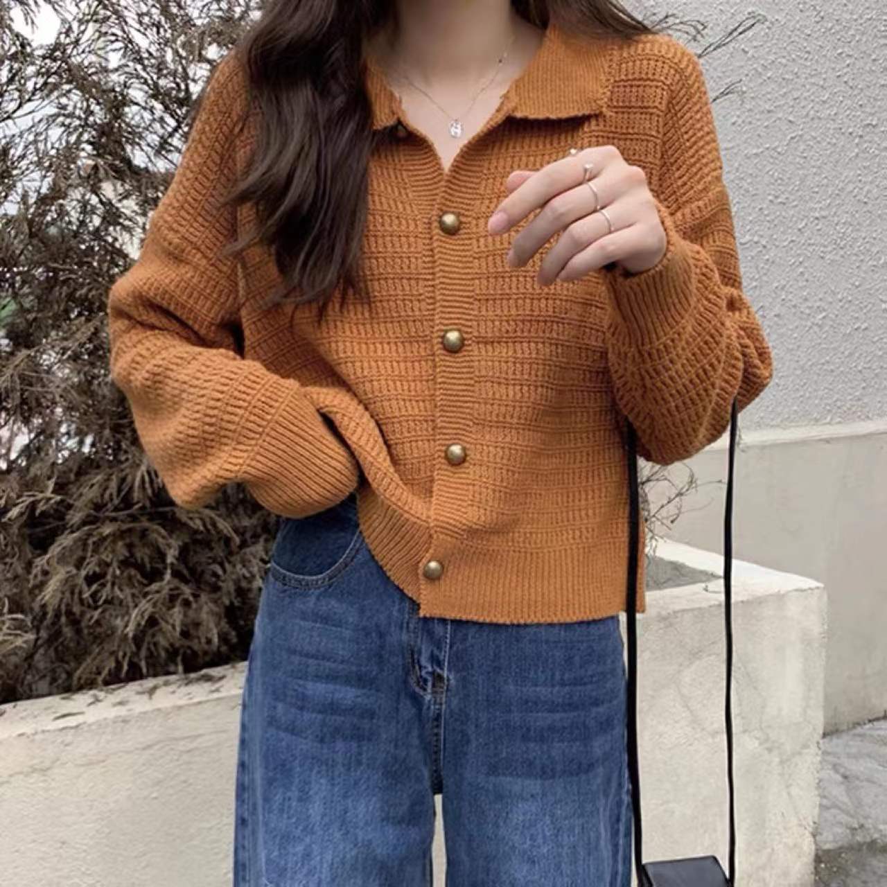 Retro solid sweater, cardigan, Korean style, high collar, oversize