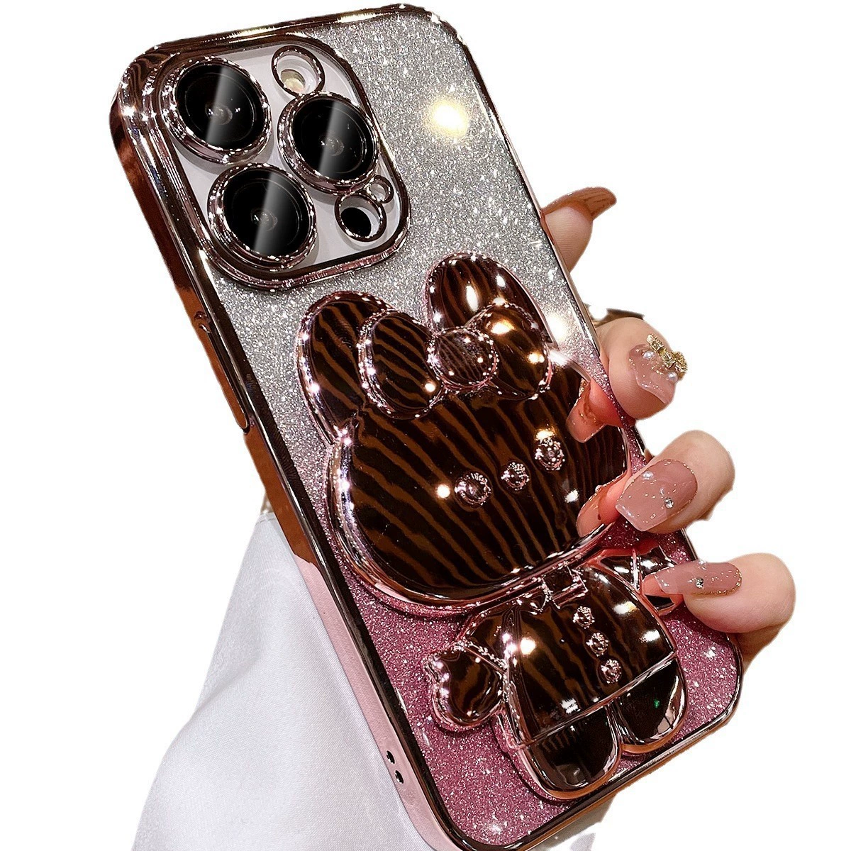 Чехол для телефона (Apple) iPhone 16/15 серии — силиконовый с зеркалом в виде кролика, градиентный цвет и встроенная подставка