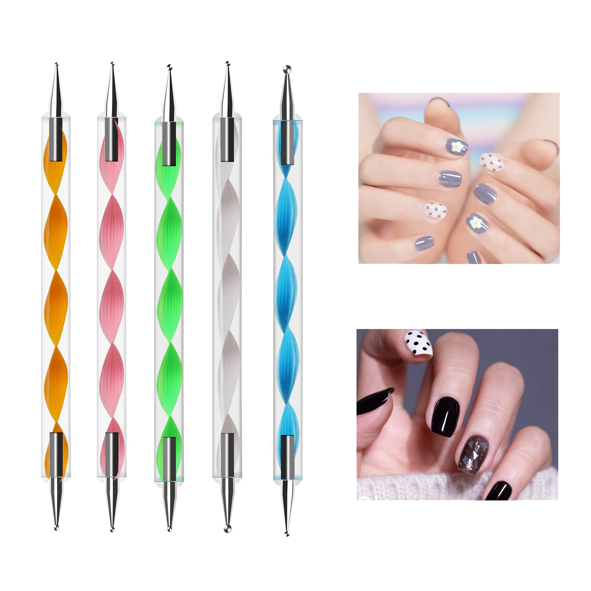 Clásico 5-pieza pluma de uñas de doble cabeza espiral varilla punto taladro pluma durable gancho flor punto pluma conjunto