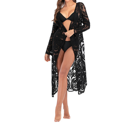 Amazon cross-border foreign trade embroidered mesh bikini top long-sleeved cardigan cotton gauze resort style beach cover-up