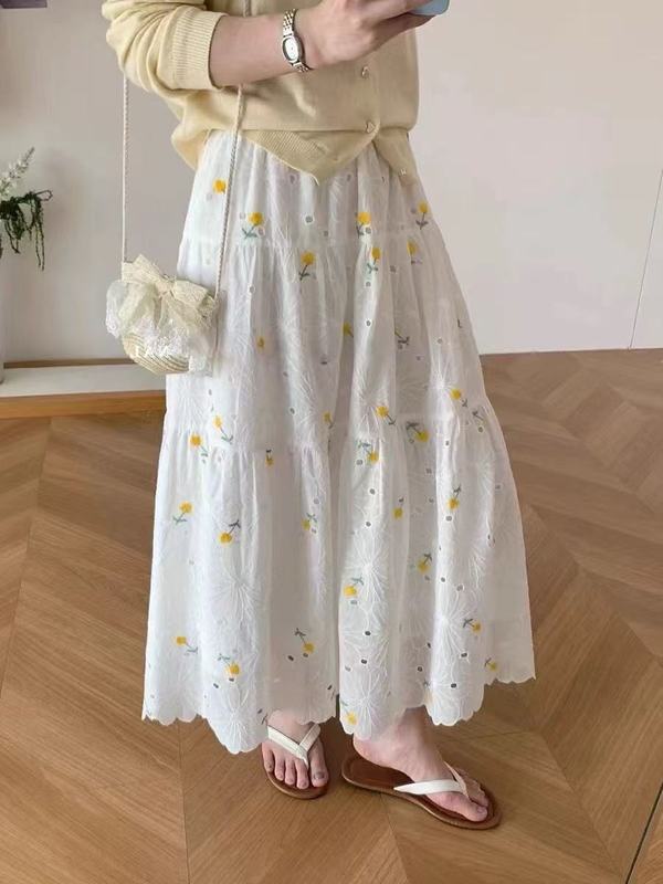 小さな新鮮な刺繍花綿スカートレーススカート女性のための 2025 春夏甘いミッドレングス A ラインスカート傘スカート|undefined