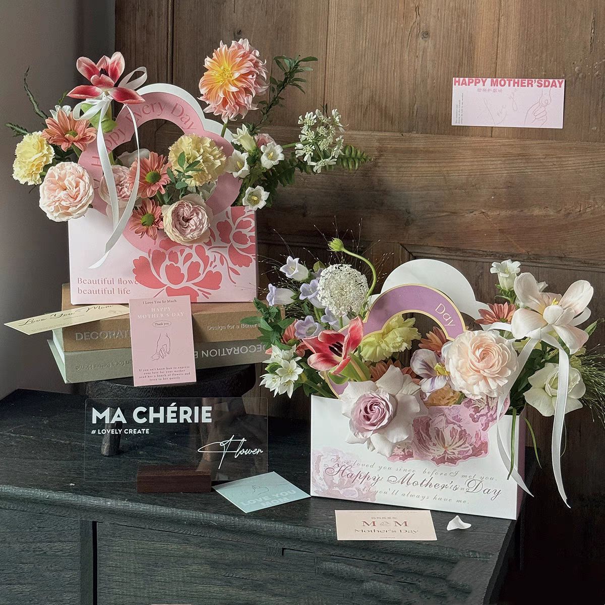 母亲节手提花盒鲜花手提袋插花篮纸质防水花艺包花材料鲜花包装盒