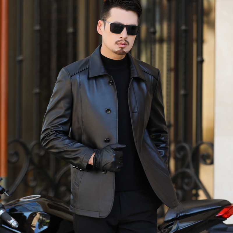 Genuine Sheepskin Leather Jacket for Men 2025 Autumn/Winter Casual Turn-Down Collar Middle-Aged Dad Coat Genuine Leather Men's Jacket