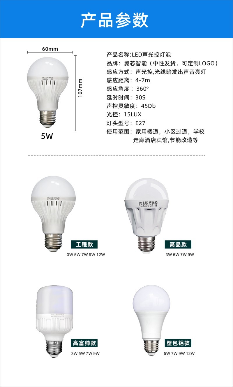 Wholesale of led human body infrared radar sensing voice-controlled bulbs, integrated staircase and corridor intelligent sensing household screw sockets pic 12