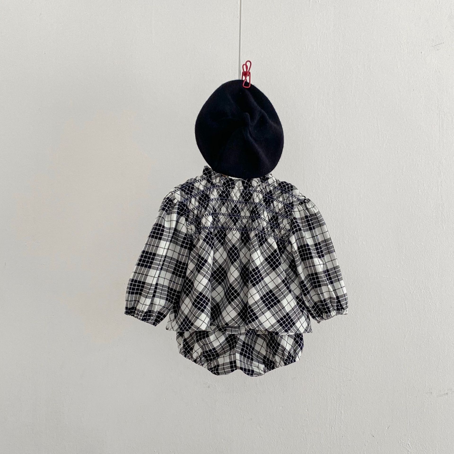 2024 Herbst/Winter Neue Baumwolle Weibliche Baby Karierten Langarm Top Strickjacke + Hose zweiteiliges Set_voghion.com