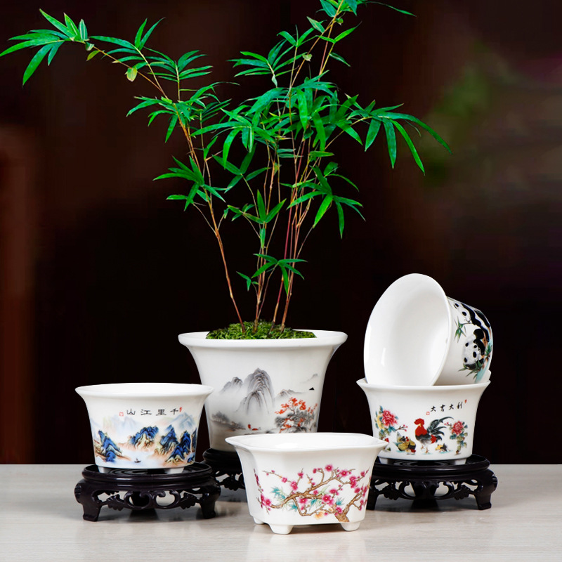 高温白瓷花盆陶瓷家用桌面盆三足有孔小号文竹绿植盆蕨类菖蒲盆栽