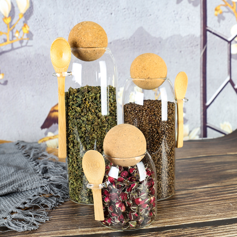 Glass Storage Jar,Grain Sealed Jar With Spoon,Round Cork,High Borosilicate Glass Sealed Tea Jar