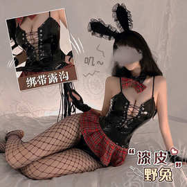 情趣内衣女可爱俏皮漆皮格子兔女郎纯欲诱惑制服激情套装一件代发