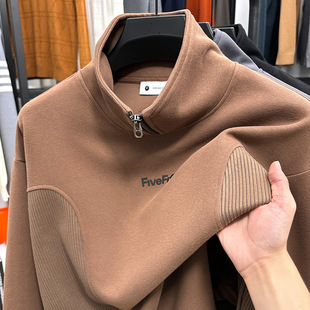 Brand 2025 New Long Sleeve Sweater Men's Cotton Semi-high Collar Zipper Stitching Fashion Casual Loose T-shirt