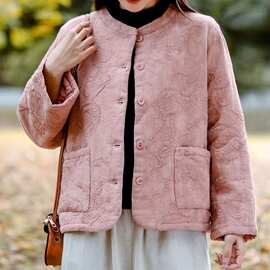 新中式轻国风夹棉外套女2025冬季新款圆领亚麻腰果花刺绣短款棉衣