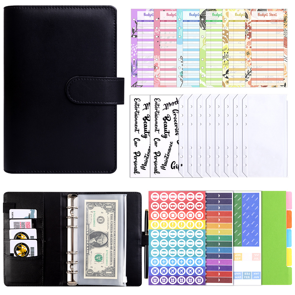 Presupuesto transfronterizo Cash Clip de hojas sueltas Bolsa con cremallera Sobres Libro de cuentas A6 Macarons PU Cuaderno de hojas sueltas de cuero