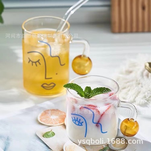 ins spherical handle face glass cup hot water resistant cup coffee cup breakfast milk tea cup cold drink juice cup