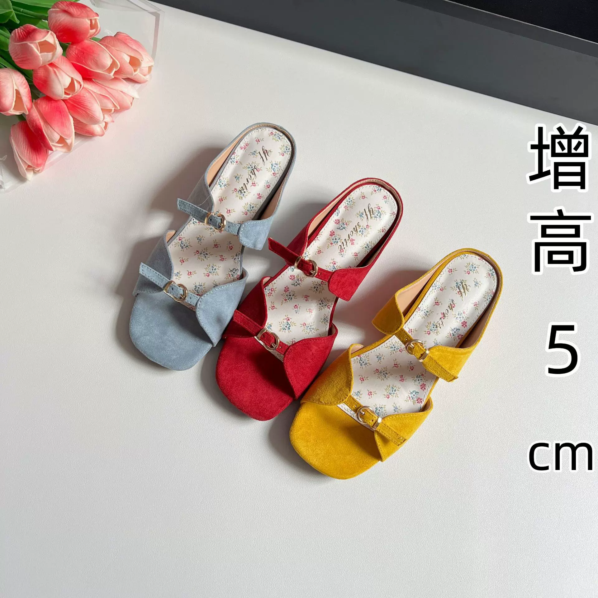 内增高女鞋法式碎花露趾凉拖鞋夏季外穿配裙子的一字扣带坡跟凉鞋