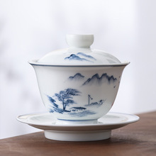 7MEM白瓷纯手工手绘三才盖碗家用单个泡茶茶碗中式茶杯带盖