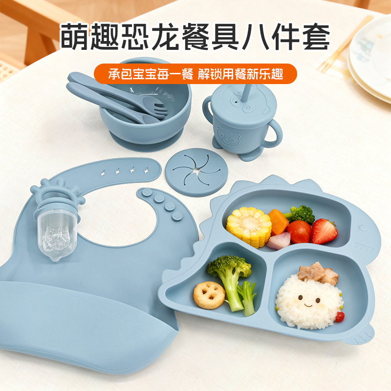 Alimentación infantil platos de dinosaurio set de platos de entrenamiento cucharas para bebés de silicona dibujos animados bajacos ventosa tazón