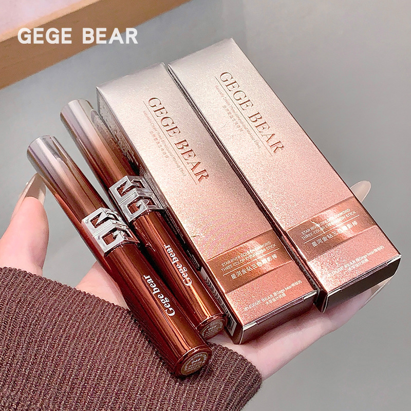 Cross-Border Makeup Gegebear Galaxy Gold Diamond Three-Color Eyeshadow Stick, One-Stroke Application, Long-Lasting Color, Lazy Eyeshadow Stick