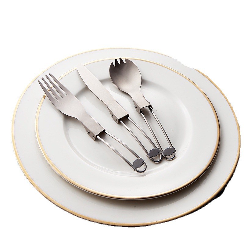 Cuchillo plegable de titanio puro al aire libre, tenedor y cuchara traje camping cuchara de titanio ligero Tenedor de titanio fácil almacenamiento vajilla de viaje al por mayor